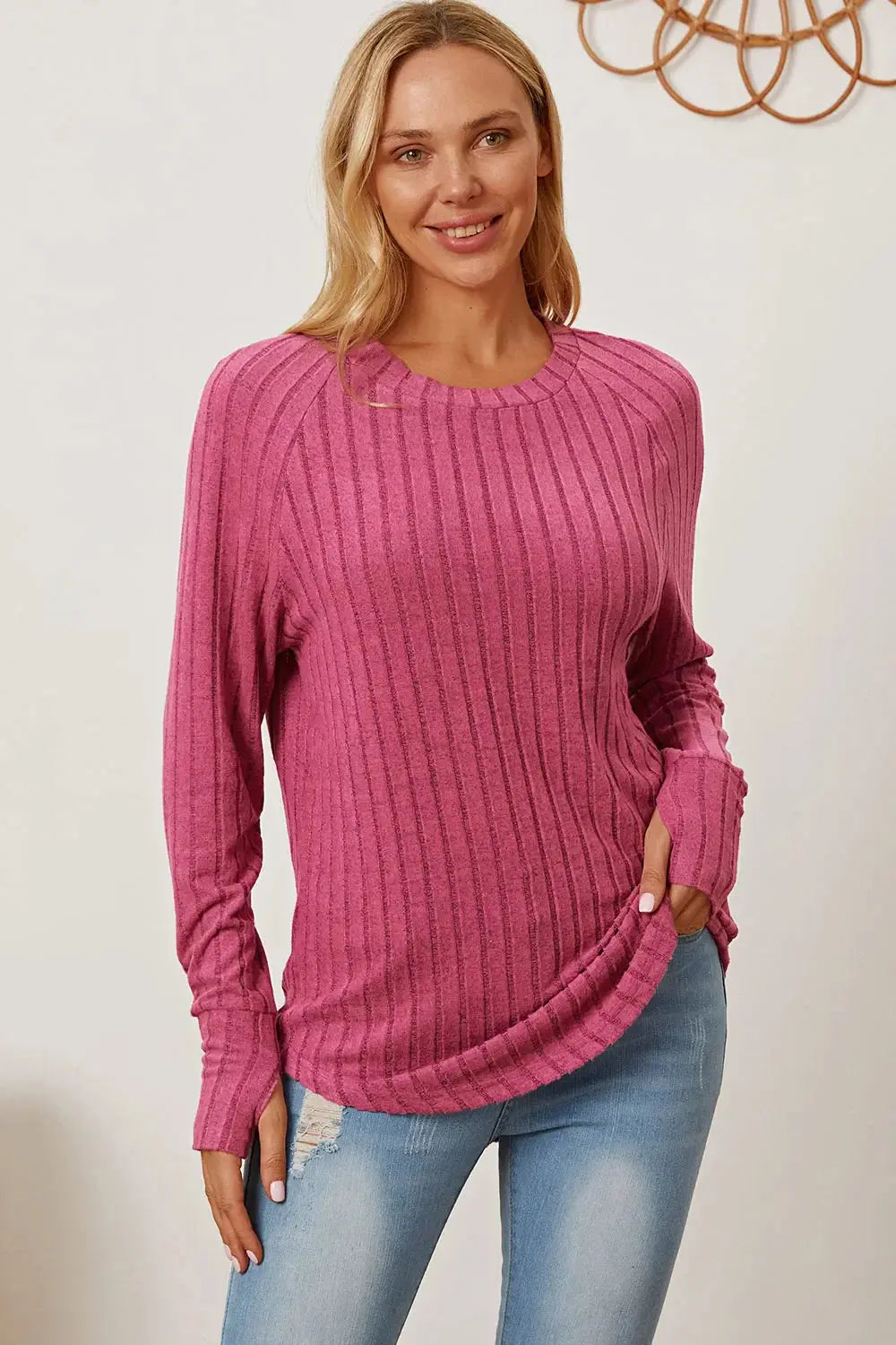 Basic Bae Full Size Ribbed Thumbhole Sleeve T-Shirt - Love Salve